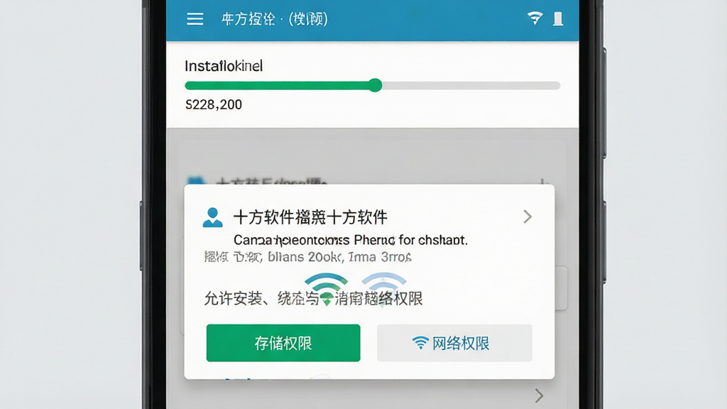 画面展示十方软件在安卓手机上的安装与权限设置界面,主体为一部手机屏幕特写,布局为上下结构,上方显示安装进度条,下方显示权限请求弹窗,排版清晰,风格为扁平化UI风格,细节包括“允许安装”“存储权限”“网络权限”等按钮与提示文字,背景为浅灰色,画质高清,干净无多余元素。