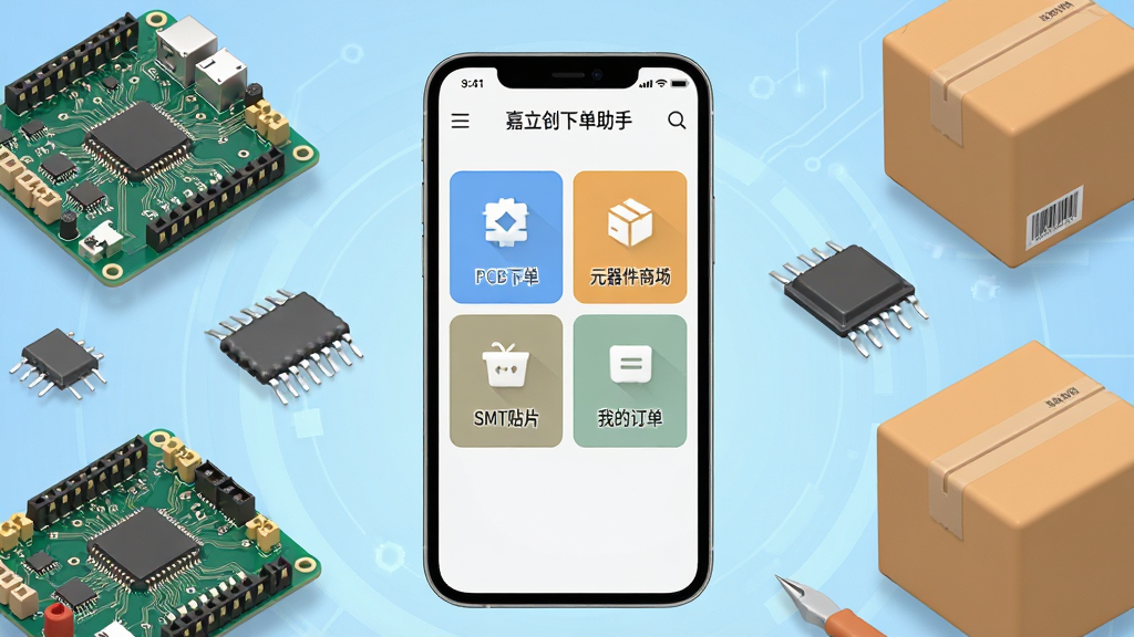 一张展示嘉立创下单助手手机端主界面的场景图,画面中心是一部竖屏智能手机,屏幕内显示嘉立创下单助手APP首页,包含PCB下单、元器件商城、SMT贴片、我的订单等图标模块,手机周围环绕着PCB电路板、电子元器件、快递包裹等3D元素,背景为浅蓝色科技感渐变,整体风格干净简洁,细节丰富,画质清晰,无多余杂乱元素