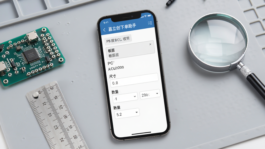 一部手机屏幕显示嘉立创下单助手PCB参数填写页面,旁边有PCB板、尺子、放大镜等工具元素,手机界面清晰展示板层选择、尺寸输入、数量设定等表单内容,背景为淡灰色工作台风格,主体突出,排版简洁,画质高清,干净无杂乱