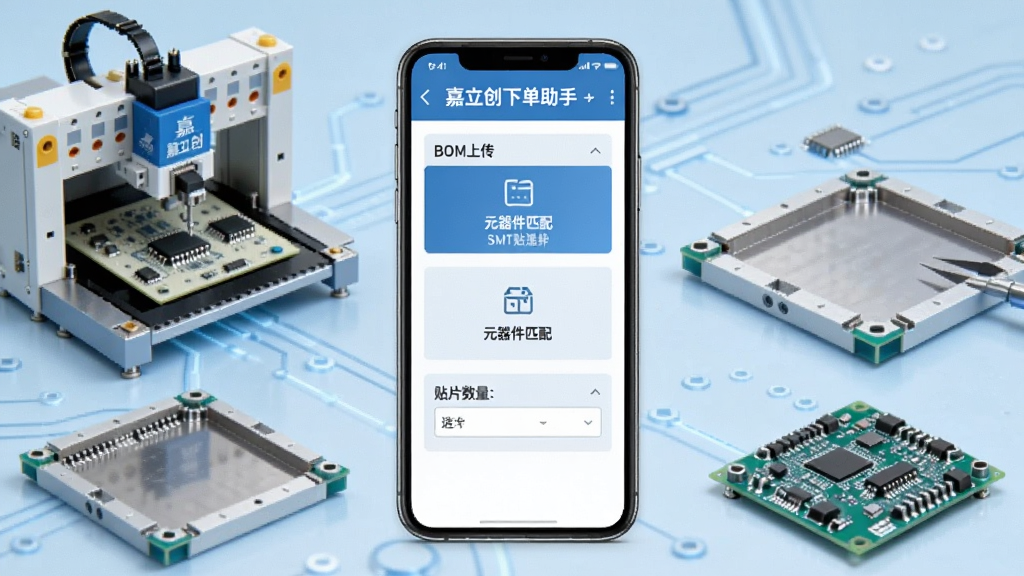 手机屏幕显示嘉立创下单助手SMT贴片下单界面,包含BOM表上传、元器件匹配、贴片数量选择等功能模块,手机周围环绕着贴片机、钢网、电路板等工业元素,背景为浅蓝色科技风格,排版整齐,画质清晰,干净利落