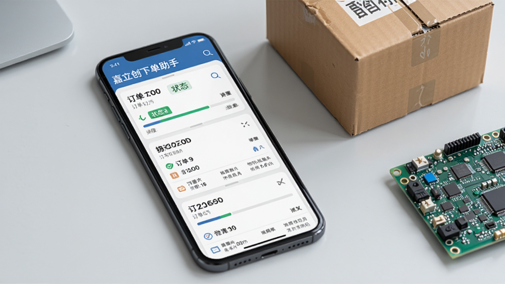 一部手机展示嘉立创下单助手订单列表页面,屏幕上显示多个订单卡片,每个卡片有订单编号、状态标签、进度条和物流信息,手机旁边有快递盒和电路板,背景为浅灰色办公桌面,风格简洁商务,画质高清,无多余装饰