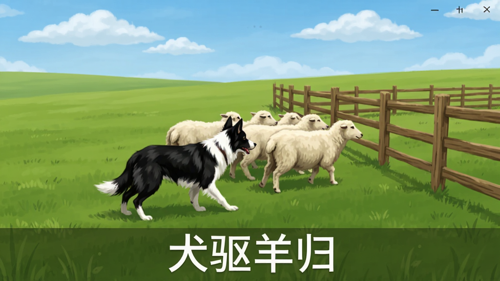 犬驱羊归软件主界面截图,画面中央显示一片开阔的绿色牧场,蓝天白云下,一只黑白相间的牧羊犬正在将一群白色绵羊引导向木制围栏方向,界面底部有犬驱羊归的软件名称文字,整体风格清新自然,布局简洁明了,画质清晰干净,无多余元素