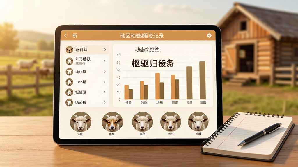 犬驱羊归羊群动态记录界面示意图,画面主体是一个平板电脑或手机屏幕,屏幕内显示羊群列表和柱状统计图,图表下方有若干羊只头像图标,屏幕旁边放着一本纸质记录本和一支笔,背景是模糊的牧场木屋,画面中央有犬驱羊归文字标识,整体色调温暖,布局整齐,画质细腻,干净无多余元素