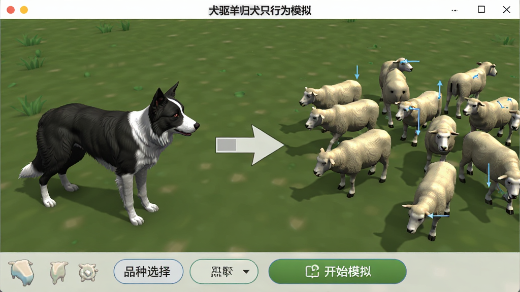 犬驱羊归犬只行为模拟界面截图,画面左侧是一只逼真的边境牧羊犬3D模型,右侧是散开的羊群模型,中间有箭头指示犬只移动方向,界面底部有品种选择按钮和开始模拟按钮,顶部有犬驱羊归软件标题,风格写实但带有教育软件特有的清晰标注,画质高清,排版对称,干净整洁