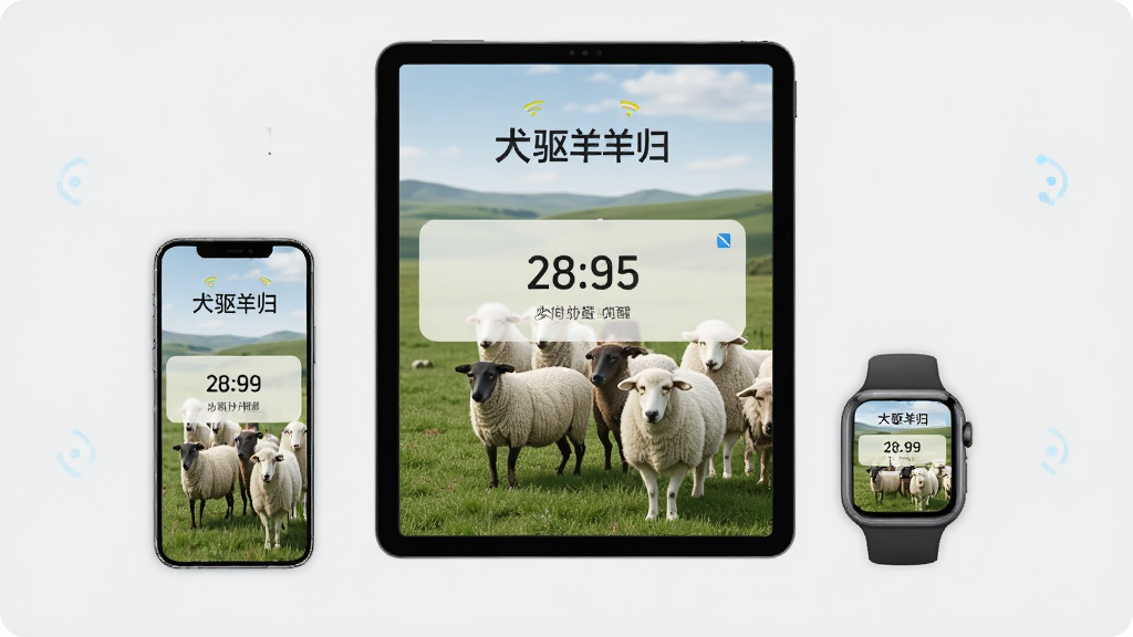 犬驱羊归多设备协同提醒功能示意图,画面中有一部手机、一台平板和一块智能手表,三个设备屏幕上都显示相同的羊群归栏倒计时通知,通知上方有犬驱羊归文字,背景是简洁的浅灰色,设备呈三角形排列,风格现代科技感,画质清晰,排版均衡,无多余装饰