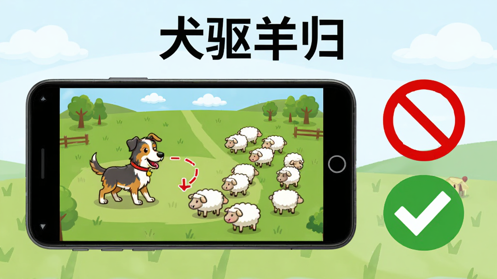 犬驱羊归新手操作示意图,画面中一部安卓手机横屏显示,屏幕内是牧场地图和一只卡通牧羊犬引导羊群的动画,手机旁边有一个红色禁止图标和一个绿色对勾图标,分别代表错误操作与正确操作,画面顶部有犬驱羊归文字,风格简洁明快,画质清晰,排版直观,无多余元素