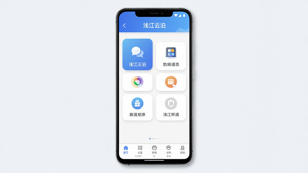 一张展示浅江云泊软件主界面的手机样机图,画面中央是一部竖屏安卓手机,屏幕内显示浅江云泊应用首页,顶部为蓝色渐变导航栏,中间排列功能卡片图标,底部为导航菜单,整体布局简洁清爽,风格现代商务,细节包含圆角图标和柔和阴影,画质高清,干净,无多余元素