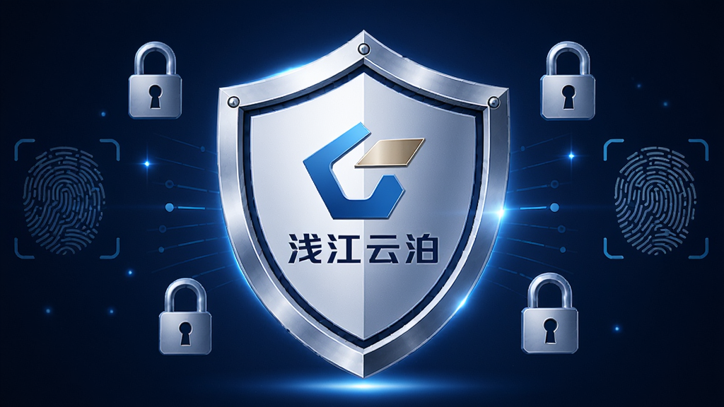 一张浅江云泊安全防护主题图,画面中心是盾牌图标,盾牌内嵌浅江云泊Logo,盾牌周围有锁形符号和指纹识别图案环绕,背景为深蓝色,构图居中,风格安全科技,细节包含金属质感和光晕效果,画质高清,干净,无多余元素