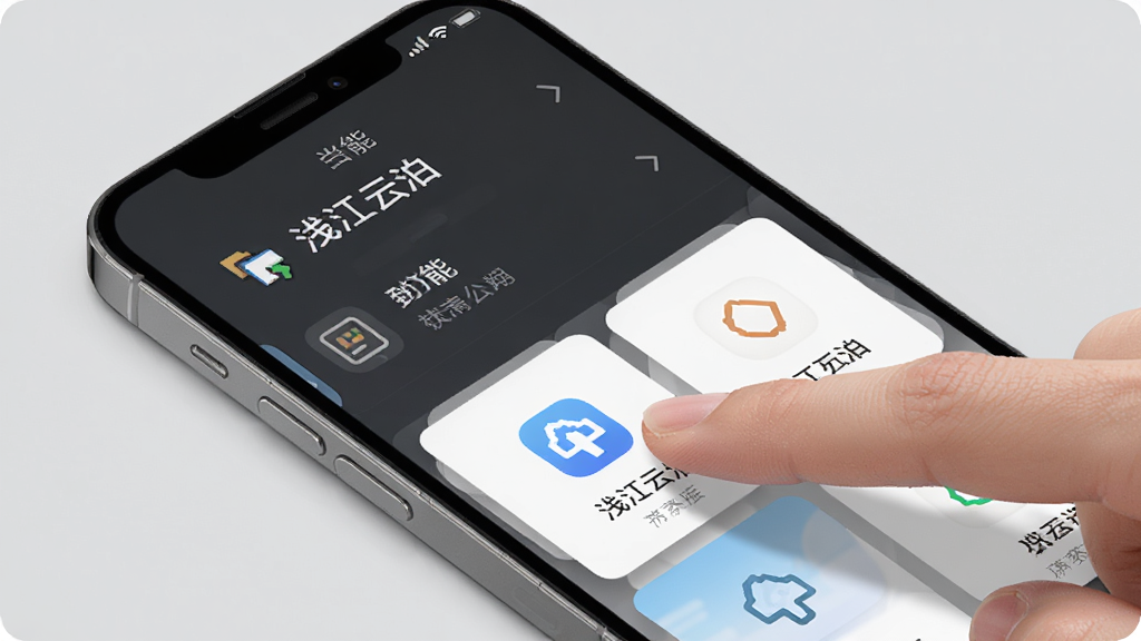 一张展示浅江云泊界面交互设计的手机截图样机,画面中手机屏幕显示功能菜单和卡片布局,手指正在点击其中一个图标,背景为浅灰色,构图斜视角度,风格现代UI展示,细节包含清晰的图标和文字标注,画质高清,干净,无多余元素