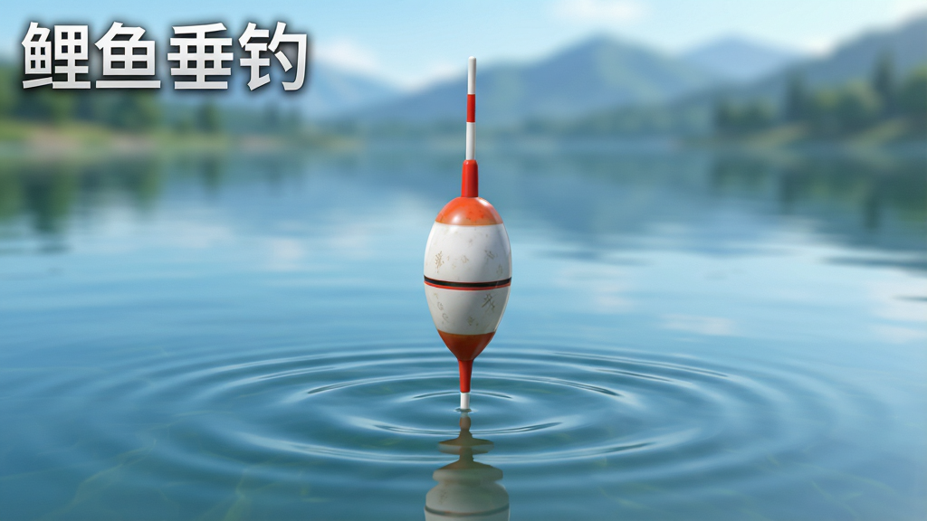 鲤鱼垂钓游戏内浮漂特写界面,写实风格,浮漂在水面呈现下顿动作,水面有涟漪,背景是虚化的湖面和远山,画面中带有