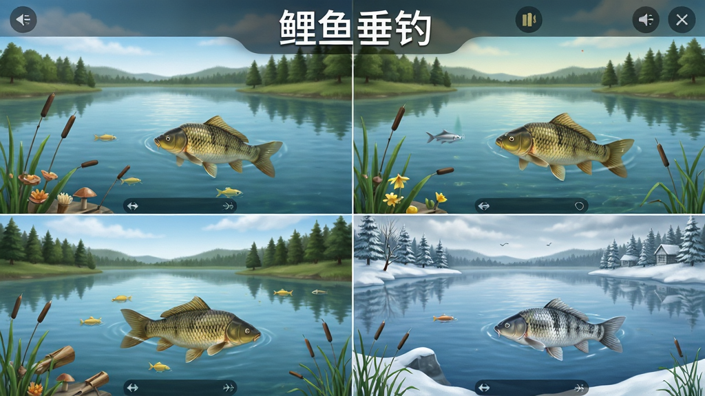 鲤鱼垂钓游戏内季节选择界面,写实风格,画面分为春夏秋冬四个区域,分别展示不同季节的湖面景色和鲤鱼活动状态,界面带有