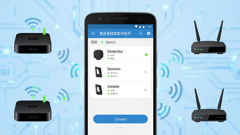 一张展示智连网盒助手软件界面的场景图,画面中央是安卓手机屏幕,屏幕上显示智连网盒助手应用主界面,界面中有设备列表和连接按钮,手机周围环绕着智能网络机顶盒和路由器设备图标,背景为浅蓝色科技风格,布局简洁清晰,排版以手机为中心向四周延展,风格现代科技感,细节包括设备连接状态指示灯和网络信号波纹,画质高清干净无多余元素
