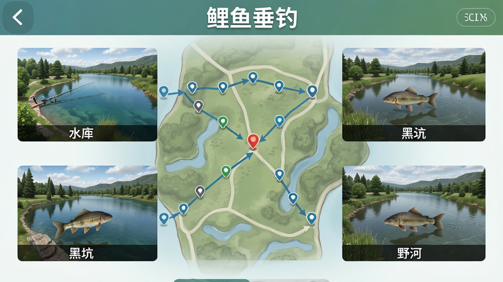 鲤鱼垂钓游戏内钓场选择地图界面,写实风格,展示水库、黑坑、野河等多个钓场缩略图,地图上有标记点和路线,界面带有
