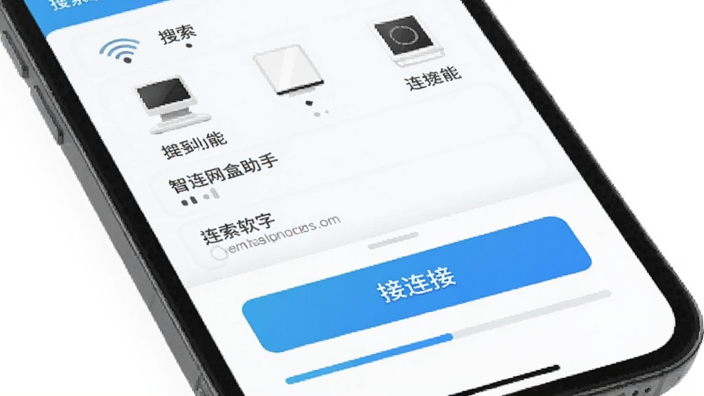 智连网盒助手软件中一键连接功能的界面展示图,主体为手机屏幕特写,屏幕上显示搜索到的设备列表和醒目的连接按钮,布局为上下结构上方是设备图标下方是连接操作区,风格为扁平化科技风,细节包括设备名称、信号强度图标和连接进度条,画质清晰干净无多余元素