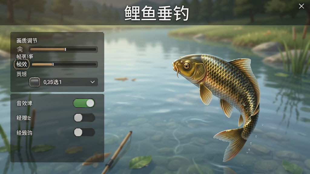 鲤鱼垂钓游戏设置界面截图,写实风格,展示画质调节、帧率选择、音效开关等选项,界面带有