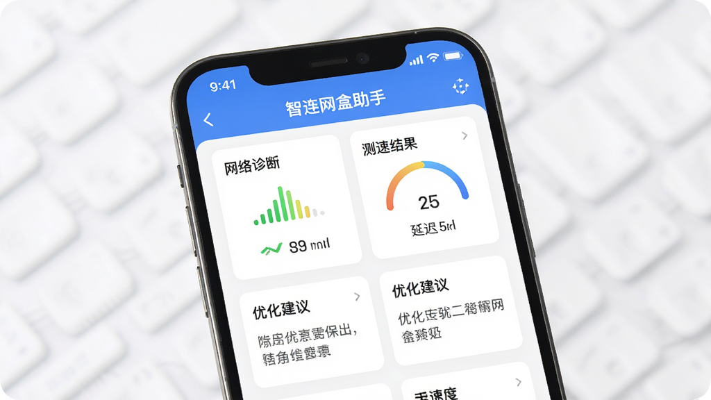 智连网盒助手网络配置界面展示图,画面为手机屏幕显示网络诊断和测速结果,布局为卡片式信息展示,风格简洁商务,细节包括信号强度指示、延迟数值和优化建议文字,画质高清干净无多余元素