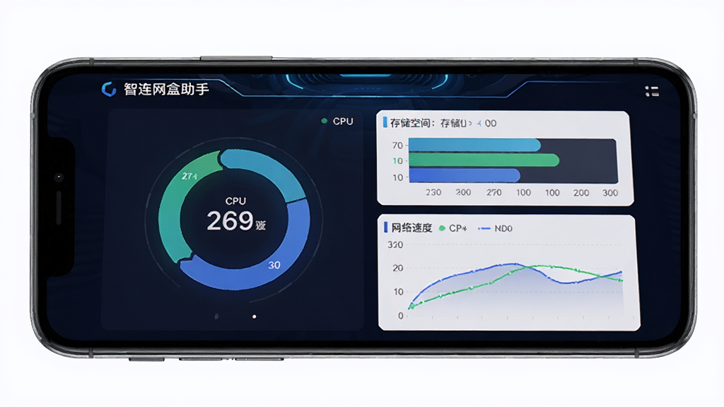 智连网盒助手设备监控仪表盘界面图,手机屏幕展示各项设备运行指标,布局为仪表盘式数据可视化,风格科技感十足,细节包括CPU和内存使用率环形图、存储空间条形图和网络速度曲线,画质高清干净无多余元素