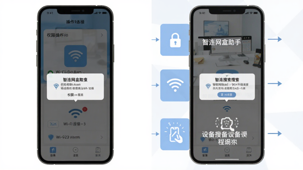 智连网盒助手移动端使用教程示意图,画面为手机操作步骤分解图,布局为左右分栏左侧显示手机界面右侧显示对应操作说明,风格为扁平化教学风,细节包括权限弹窗、Wi-Fi连接界面和设备搜索动画,画质清晰干净无多余元素