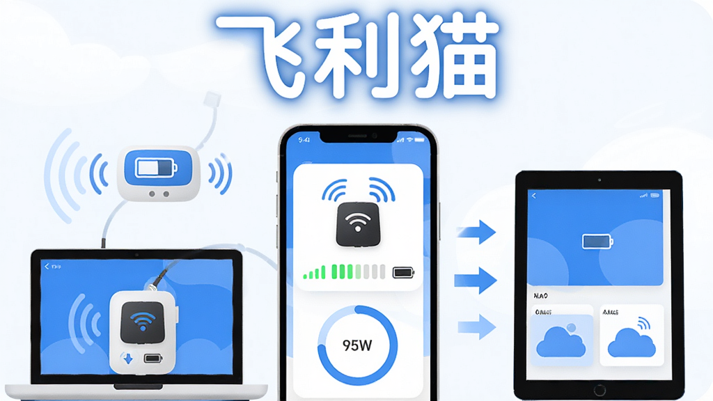 画面中央是一部智能手机,屏幕上显示飞利猫APP的主界面,界面中有随身WiFi设备图标、信号强度条和流量使用圆形进度图;手机周围环绕着便携式随身WiFi设备、笔记本电脑和平板电脑;整体布局采用居中构图,上方留白处放置“飞利猫”三个大字,字体为圆润无衬线体;排版简洁清晰,主色调为科技蓝与白色;风格为扁平化UI插画,细节包括信号波纹、电池图标和数据传输箭头;画质高清,画面干净,无多余元素