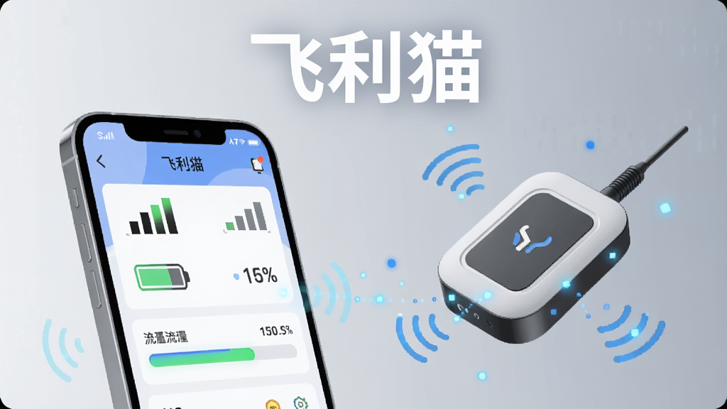 一部手机放置在画面左侧,屏幕显示飞利猫APP的设备监控面板,面板上有信号格、电池图标和流量进度条;右侧悬浮着一个随身WiFi设备的3D渲染图,设备周围有蓝色数据光点连接至手机;背景为浅灰色渐变,中央偏上位置用白色粗体字写着“飞利猫”;排版采用左右分栏,风格为现代科技感扁平插画;细节包括微小的信号波纹和数字跳动效果;画质清晰,画面干净,无多余元素