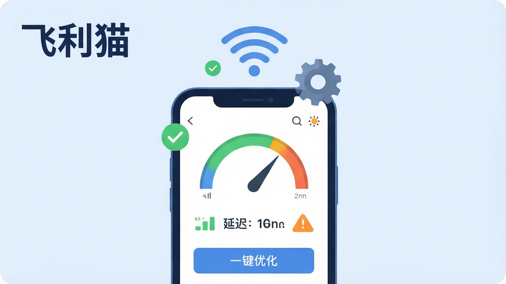 画面中央是一个手机屏幕,屏幕上显示飞利猫APP的网络诊断界面,界面中有信号强度仪表盘、延迟数值和“一键优化”按钮;屏幕上方漂浮着WiFi信号图标和齿轮图标;背景为淡蓝色,左上角用深蓝色字体写着“飞利猫”;排版居中,风格为清新扁平化UI插画;细节包括绿色的对勾标记和橙色的警告三角;画质高清,画面干净,无多余元素