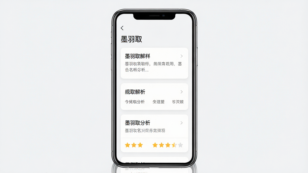 一张展示墨羽取名软件界面的预览图,主体为手机屏幕中显示姓名分析结果页面,布局居中,排版清晰,风格简约现代,细节包含文字解析卡片和评分星级,画质高清,干净无多余元素