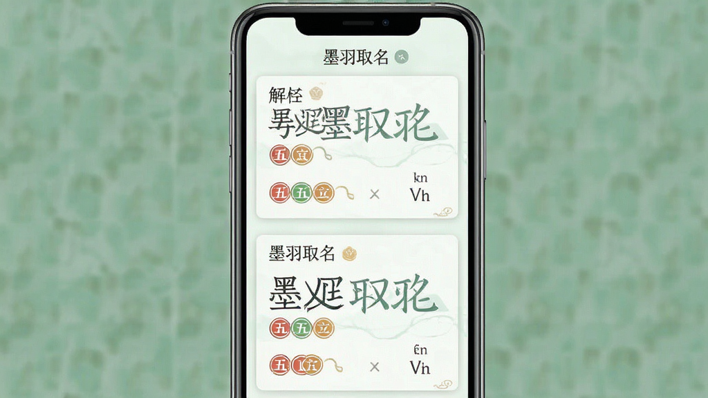一张展示墨羽取名姓名解析功能的示意图,主体为手机界面中汉字解析卡片,布局为上下排列,排版整齐,风格清新淡雅,细节包含字义解释、五行标签和拼音标注,画质清晰,干净无多余元素,画面中带有文字“墨羽取名”