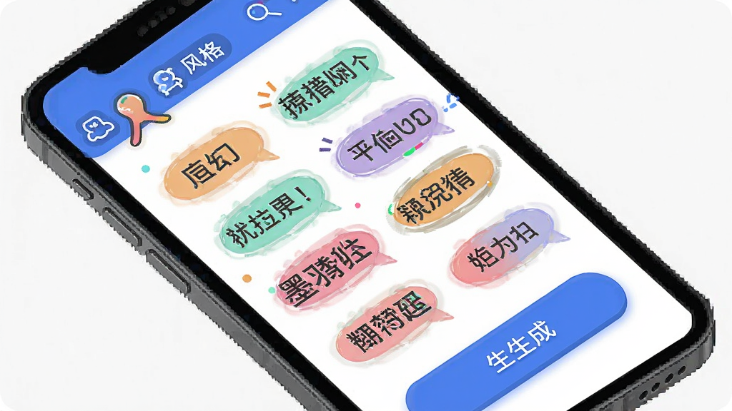 一张展示墨羽取名网名生成界面的示意图,主体为手机屏幕中显示多个网名标签和生成按钮,布局为网格排列,排版活泼,风格年轻化,细节包含风格分类图标和网名文字气泡,画质清晰,干净无多余元素