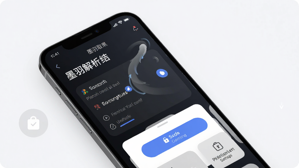 一张展示墨羽取名在手机上流畅运行的示意图,主体为手机屏幕中显示名字解析结果和收藏按钮,布局为单屏展示,排版舒适,风格现代简约,细节包含流畅动画效果示意和权限设置图标,画质高清,干净无多余元素