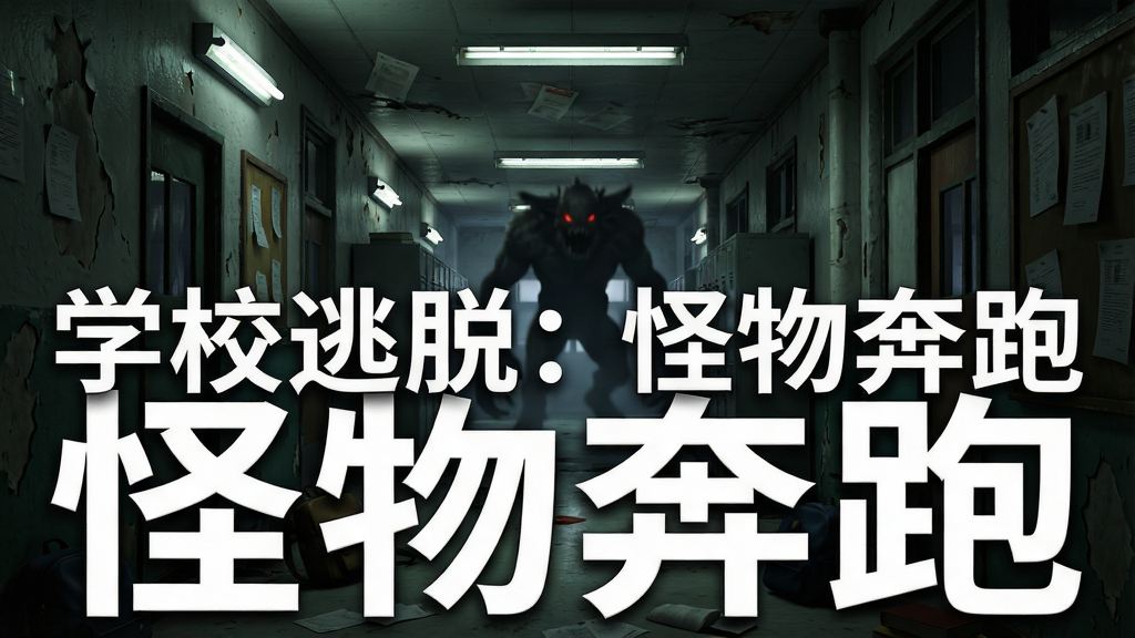 游戏主视觉图,主体是一座阴暗的学校教学楼走廊,走廊尽头有一只模糊的巨大怪物剪影,画面中央用大号白色字体写着“学校逃脱:怪物奔跑”,布局为竖版手机海报比例,风格为3D恐怖写实,细节包括剥落的墙皮、闪烁的日光灯、散落的书包与试卷,画质高清,干净,无多余元素