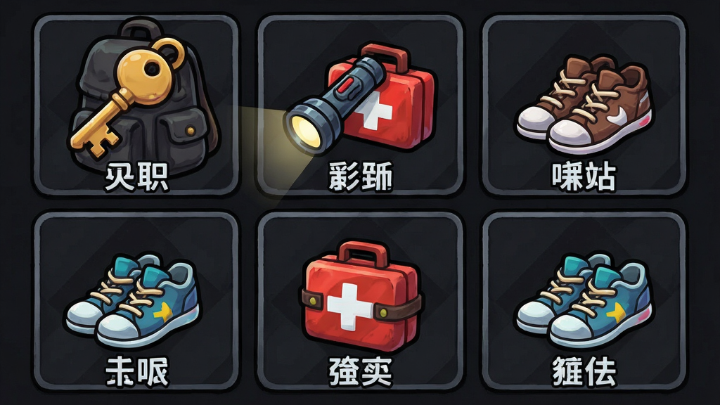 游戏道具界面截图,主体是游戏内的背包与道具栏,布局为九宫格排列,风格为暗黑卡通,细节包括钥匙、手电筒、医疗包、加速鞋等物品图标,每个图标下方有中文名称,画质高清,干净,无多余元素