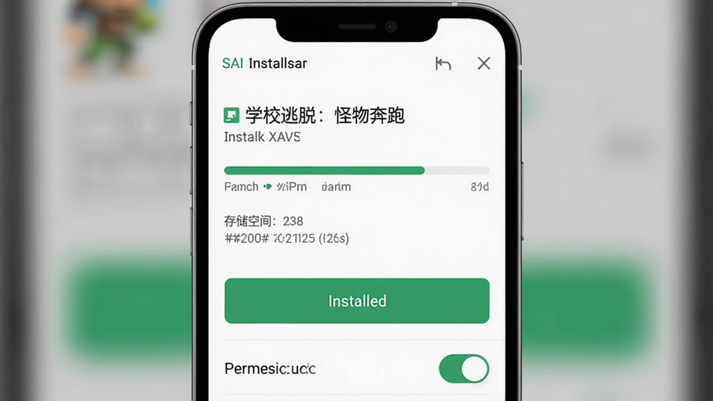 手机安装XAPK文件的操作界面截图,主体是SAI安装器界面显示“学校逃脱:怪物奔跑”安装进度条,布局为竖版手机屏幕,风格为简洁科技风,细节包括安装按钮、存储空间提示、权限开关,画质高清,干净,无多余元素