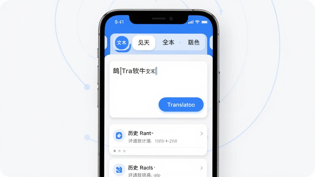 翻译鸥软件主界面展示,主体为一部智能手机,屏幕中显示翻译鸥应用首页,布局上方为语言选择栏,中间为文本输入框与翻译按钮,下方为历史记录卡片,排版简洁清晰,风格为现代扁平化科技风,细节包括蓝白配色、圆角图标、微阴影层次,画质高清,干净,无多余元素