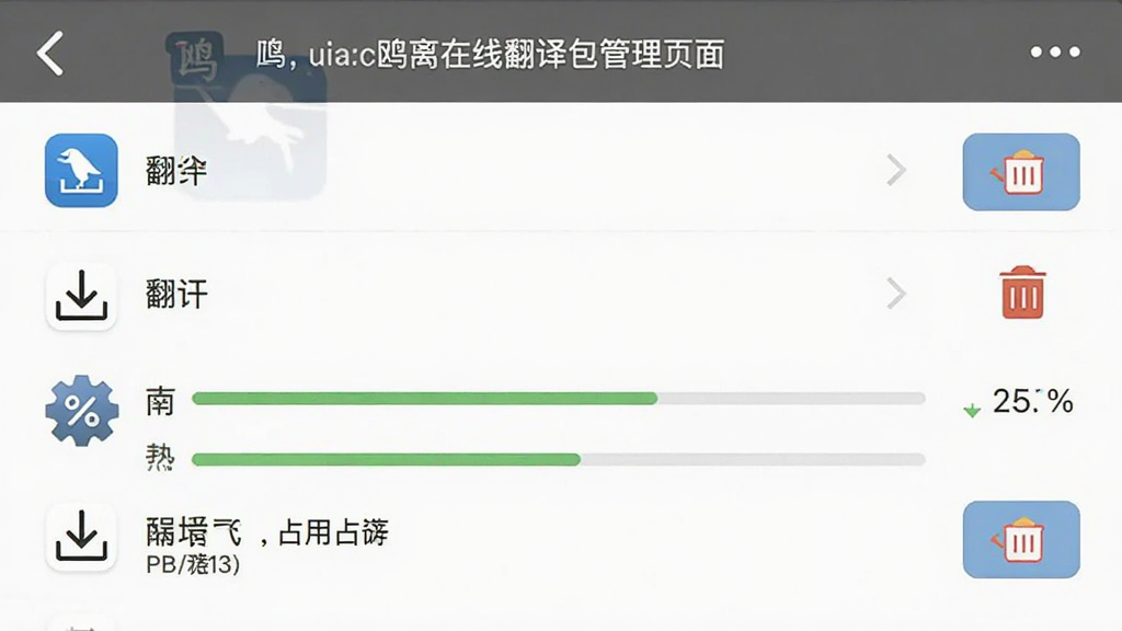 翻译鸥离线翻译包管理页面,主体为手机界面截图,屏幕中显示翻译鸥离线下载列表,布局为语言条目、下载进度条、存储占用提示,排版清晰明了,风格为简约工具风,细节包括下载图标、进度百分比、删除按钮,画质高清,干净,无多余元素