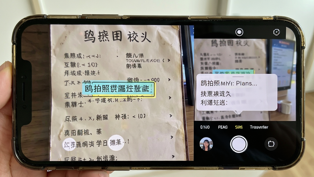 翻译鸥拍照翻译功能演示,主体为手机摄像头对准外文菜单,屏幕中显示翻译鸥拍照翻译界面,布局为取景框、识别文字高亮框、译文浮层,排版直观,风格为旅行场景写实风,细节包括菜单文字、翻译结果、拍照按钮,画质高清,干净,无多余元素