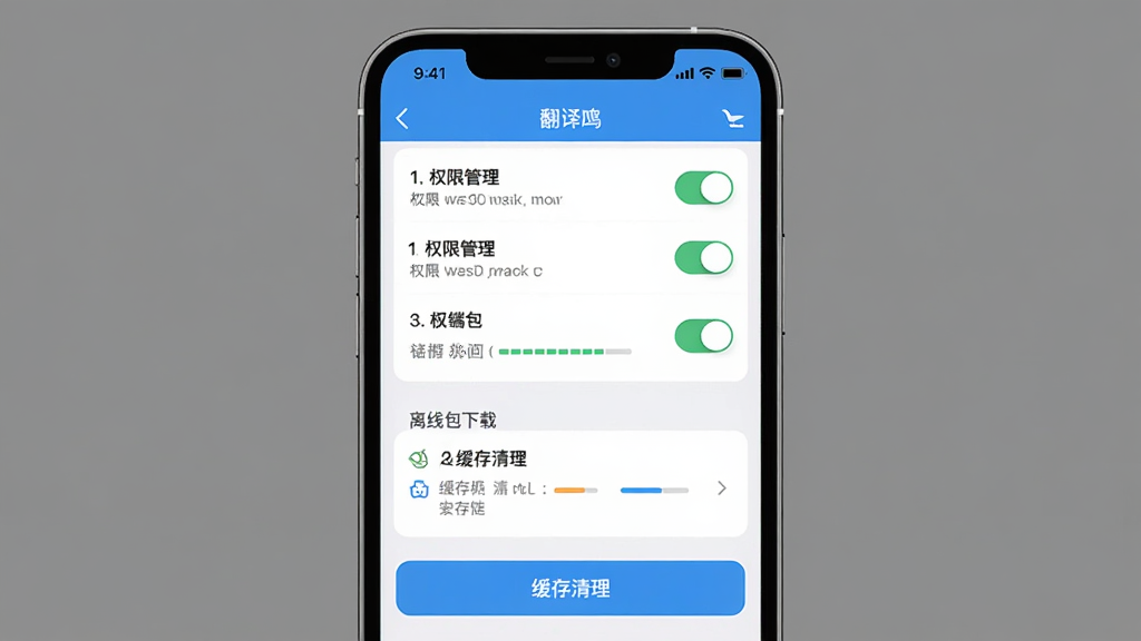 翻译鸥移动端操作示意图,主体为手机屏幕展示翻译鸥设置界面,布局为权限管理列表、离线包下载选项、缓存清理按钮,排版清晰,风格为扁平化工具风,细节包括开关按钮、存储条、文字说明,画质高清,干净,无多余元素