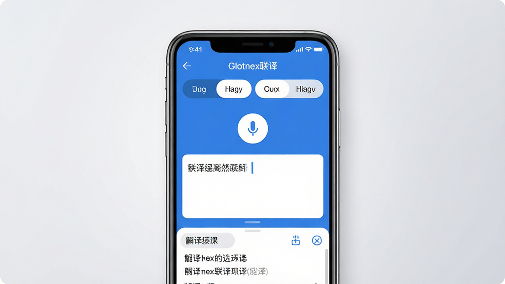 软件名称“Glotnex联译”主界面全貌展示,画面中央放置一部智能手机,屏幕内显示蓝白配色的翻译应用界面,顶部为语言选择栏,中部为语音输入按钮与文本输入框,底部为翻译结果展示区。背景为浅灰色渐变,风格简洁现代,细节清晰,画质干净,无多余元素。