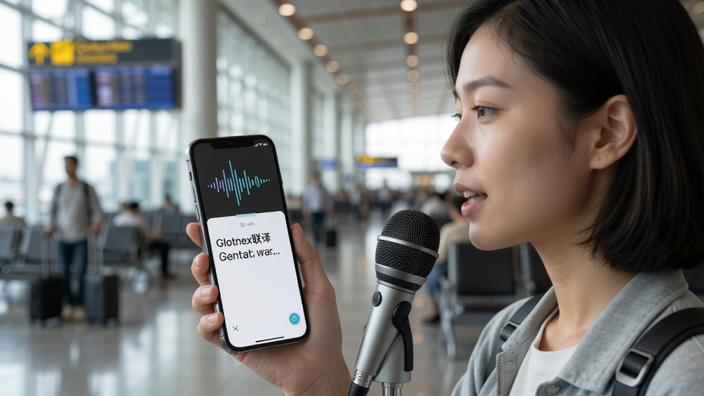 软件名称“Glotnex联译”语音翻译场景图,画面展示一位用户手持手机对着麦克风说话,手机屏幕显示声波图标与翻译结果文字。背景为机场候机大厅,风格写实,细节清晰,画质干净,无多余元素。