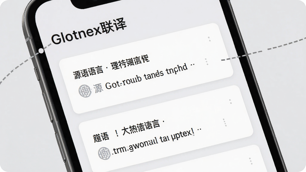 软件名称“Glotnex联译”界面细节图,画面展示手机屏幕特写,屏幕内显示翻译历史记录列表,每条记录包含源语言文本与目标语言译文,列表采用卡片式设计。背景为浅灰色,风格简约商务,细节清晰,画质干净,无多余元素。