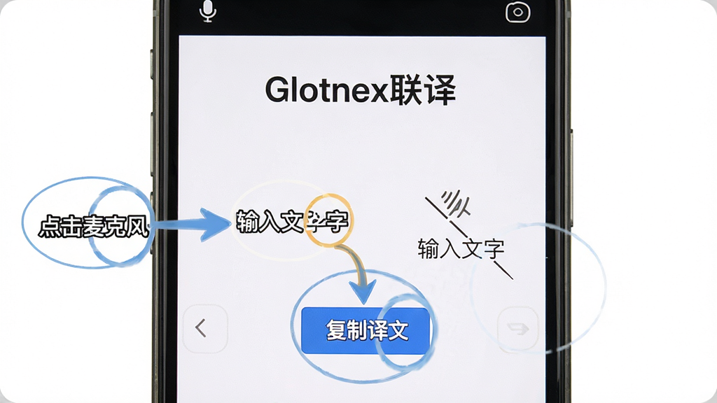 软件名称“Glotnex联译”操作示意图,画面展示手机屏幕录制风格截图,标注“点击麦克风”“输入文字”“复制译文”等操作步骤,用箭头与圆圈高亮指示。背景为白色,风格教程类,细节清晰,画质干净,无多余元素。