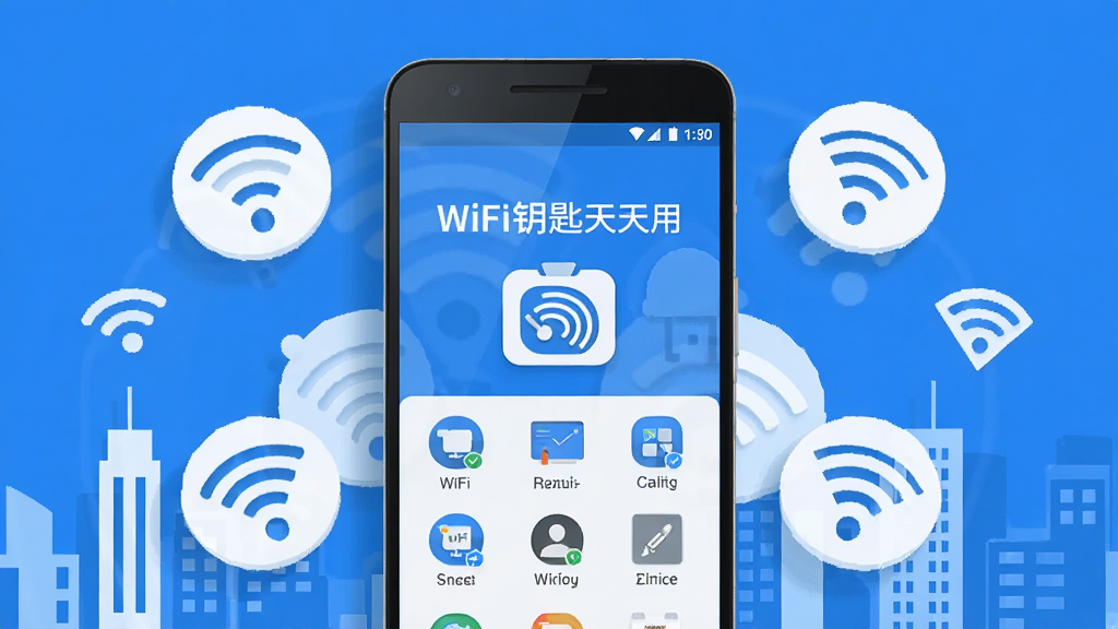 画面中央一部安卓手机屏幕亮起,显示“WiFi钥匙天天用”软件主界面,周围环绕多个WiFi信号图标和城市建筑剪影,蓝白配色,扁平化设计风格,布局简洁,细节清晰,高清画质,干净无多余元素
