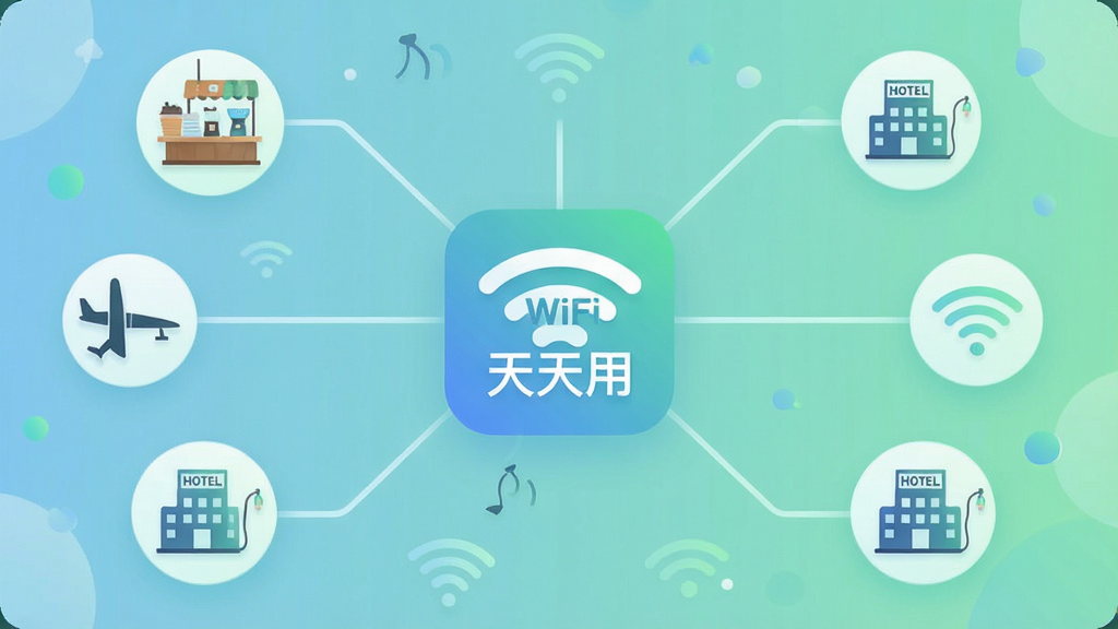 一张信息图风格插画,中心是“WiFi钥匙天天用”应用图标,向外辐射出多条线条连接不同场景图标如咖啡店、机场、酒店,线条末端是WiFi信号符号,整体采用柔和渐变蓝绿色调,排版清晰,风格现代简洁,画质细腻,无多余装饰