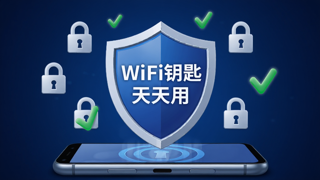 盾牌形状的安全图标悬浮在手机上方,盾牌表面有“WiFi钥匙天天用”字样,周围环绕锁形符号和绿色对勾标记,背景为深蓝色渐变,风格稳重可靠,构图对称,画质清晰,无多余元素