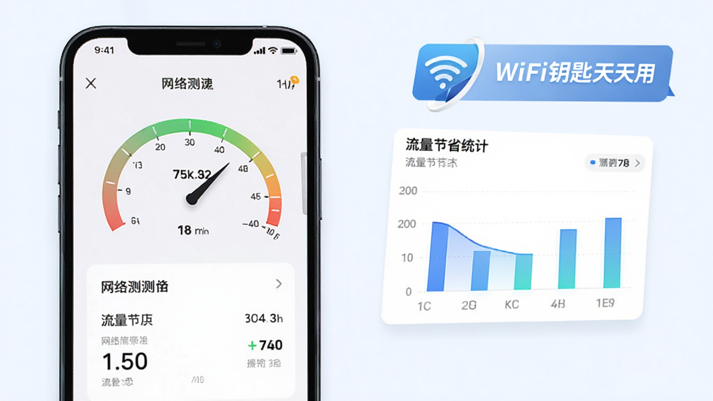 手机屏幕显示网络测速仪表盘和流量节省统计图表,图表旁有“WiFi钥匙天天用”标识,整体采用清爽的浅色背景,数据可视化元素丰富,风格商务简洁,画质锐利,排版整齐