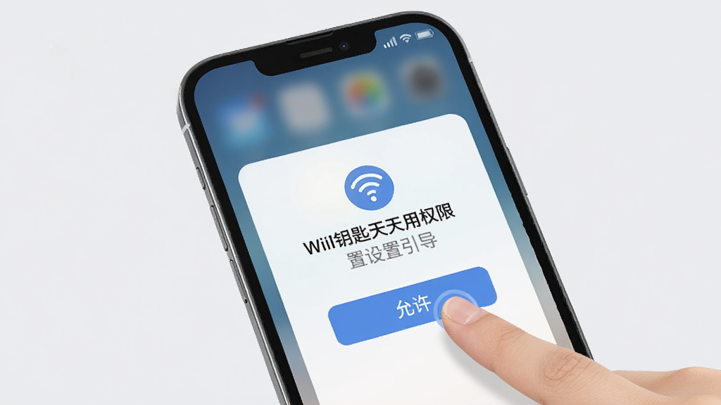 手机屏幕显示WiFi钥匙天天用权限设置引导页面,旁边有手指点击“允许”按钮的示意,背景为浅灰色,风格简洁明了,画质清晰,排版干净