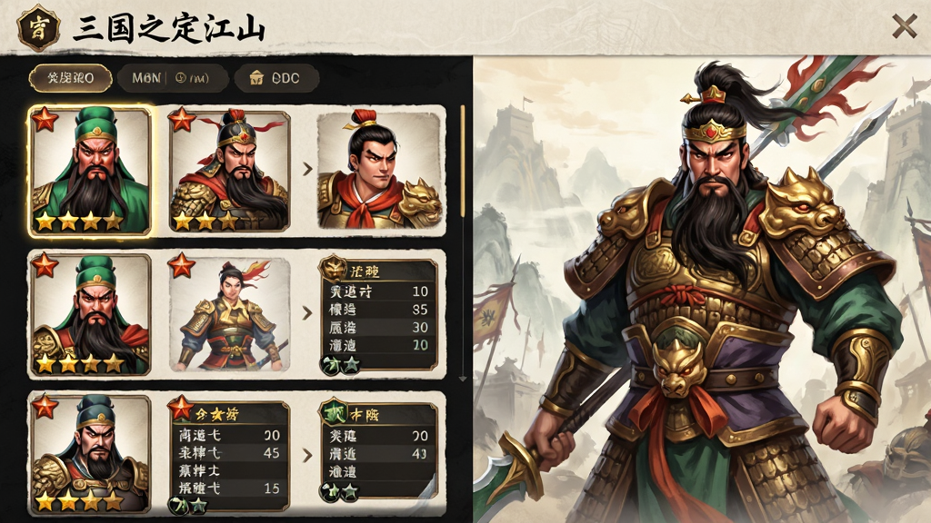 主体是三国之定江山武将收集界面风格插画,布局为左右分栏左侧武将列表右侧武将立绘展示,排班为顶部标题“三国之定江山”与筛选标签,风格为国风卡牌美术,细节包含关羽张飞等武将形象、星级标识、属性面板,画质高清干净无多余元素