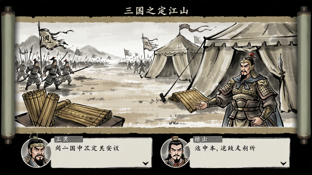 主体是三国之定江山剧情过场画面插画,布局为横向卷轴式场景展示,排班为下方对话框与角色头像,风格为水墨国风叙事插画,细节包含古战场、军帐、竹简、武将对话,画质高清干净无多余元素