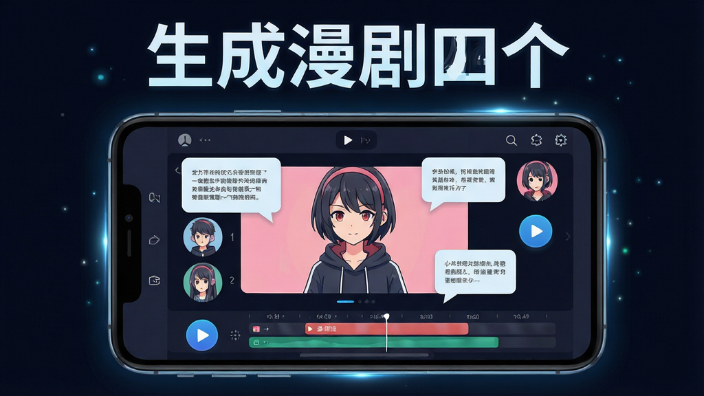 软件名称生成漫剧,主体为一部智能手机屏幕中展示着AI漫剧视频编辑界面,屏幕中央是一个正在生成的动漫角色画面,周围环绕着剧本文字气泡、角色头像、播放按钮和视频时间轴等元素,布局采用居中对称构图,上方放置生成漫剧四个大字标题,风格为科技感扁平插画,细节包括手机边框、界面按钮、进度条和光效点缀,画质高清干净,无多余元素