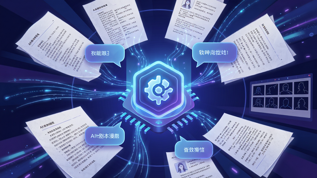 软件名称生成漫剧,主体为AI剧本生成界面,画面中央是一台发光的智能引擎图标,周围环绕着剧本页面、文字行、角色对白气泡和分镜格子,布局为放射状展开,风格为科技蓝紫色调的数字插画,细节包括引擎光效、文字流动线条、剧本纸张纹理,画质清晰干净,无多余元素