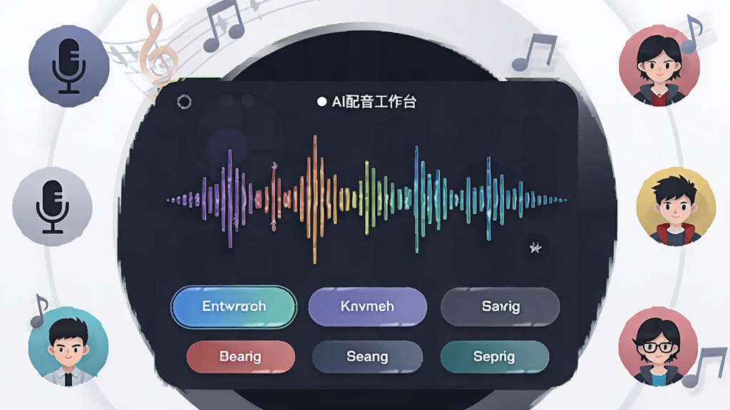 软件名称生成漫剧,主体为AI配音工作台界面,画面中央是声波可视化图形和多个音色选择按钮,周围环绕着麦克风图标、音乐符号和角色头像,布局为环形排列,风格为现代扁平化设计,细节包括声波纹理、按钮高光、音色标签,画质干净清晰,无多余元素